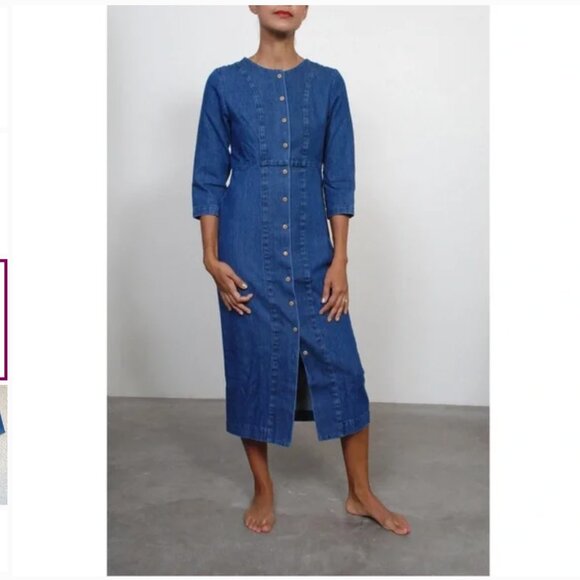 Ilana Kohn Button Down Blue Cotton Denim Dress 3/4 Sleeve Rose MidiMaxi Duster 8 - Picture 2 of 12